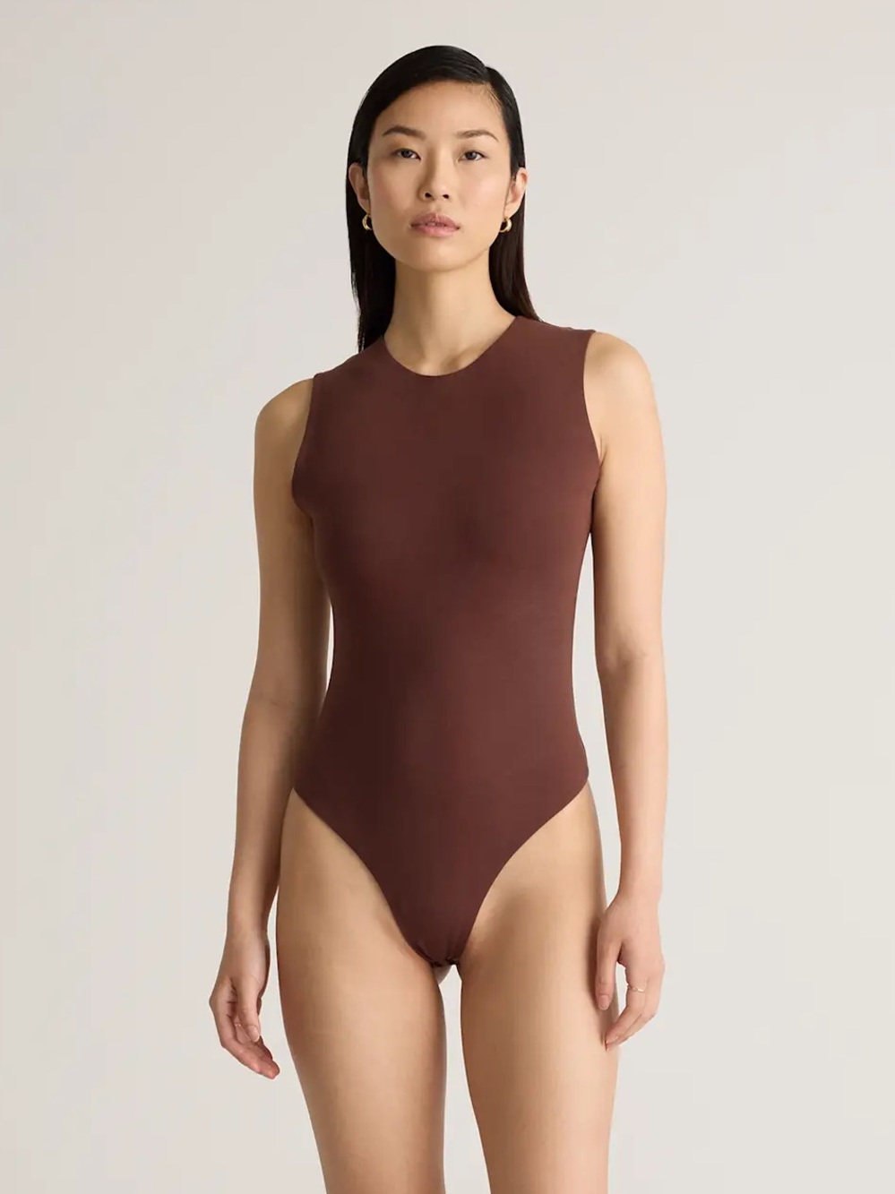 NWT QUINCE Stretch Cotton Jersey High Neck Sleeveless Bodysuit XS Cocoa 0966